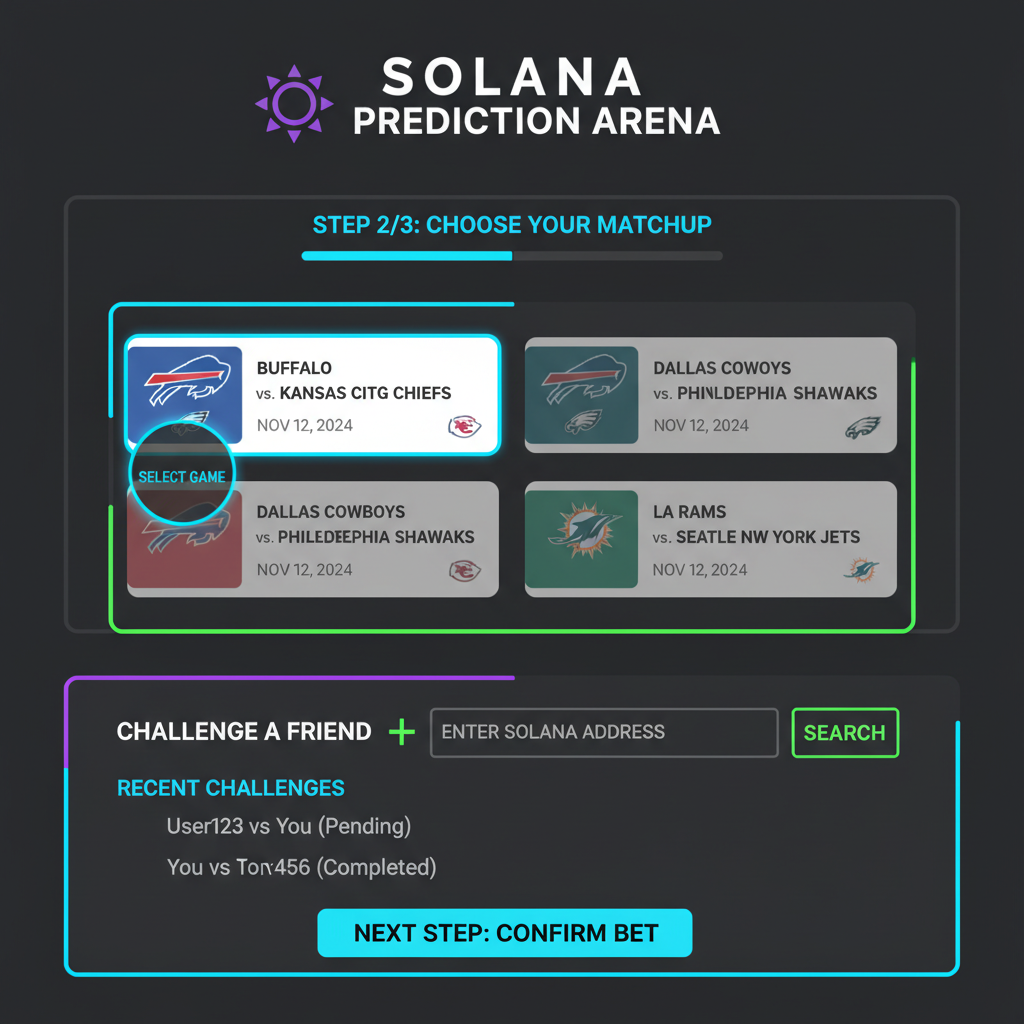 sleek blockchain UI selecting NFL game for prediction duel, neon accents, Solana logo