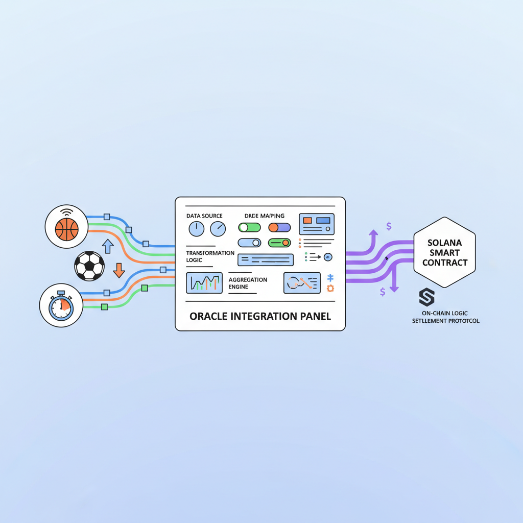 oracle integration panel linking sports data feeds to Solana smart contract, data streams flowing