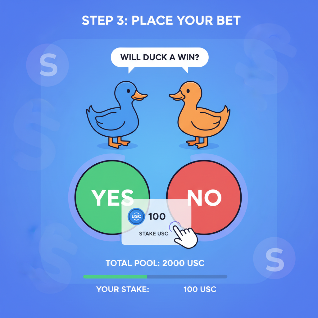 user staking USDC on yes/no prediction button in duel duck app, dynamic betting UI, solana glow