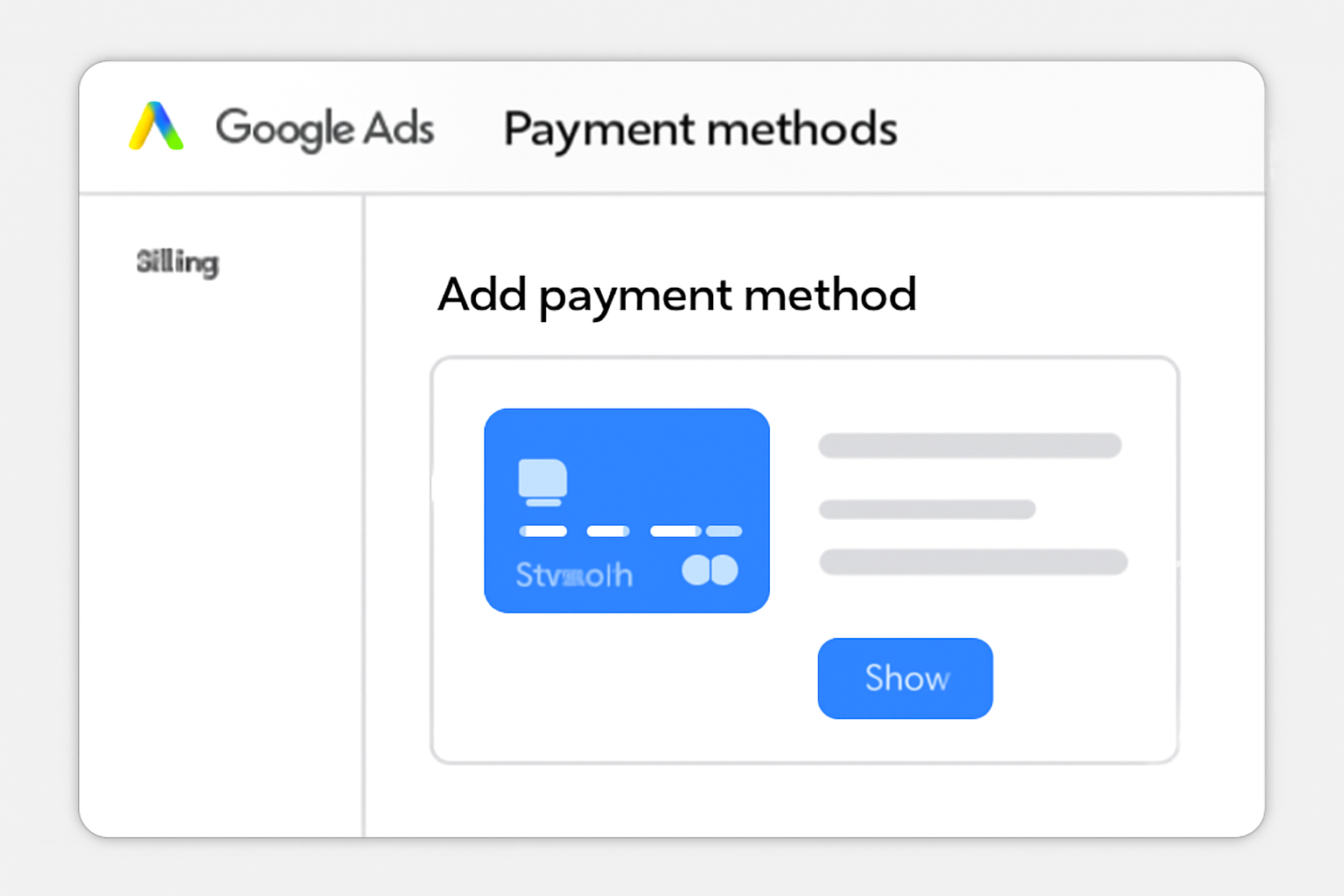 Google Ads interface adding new payment method virtual card