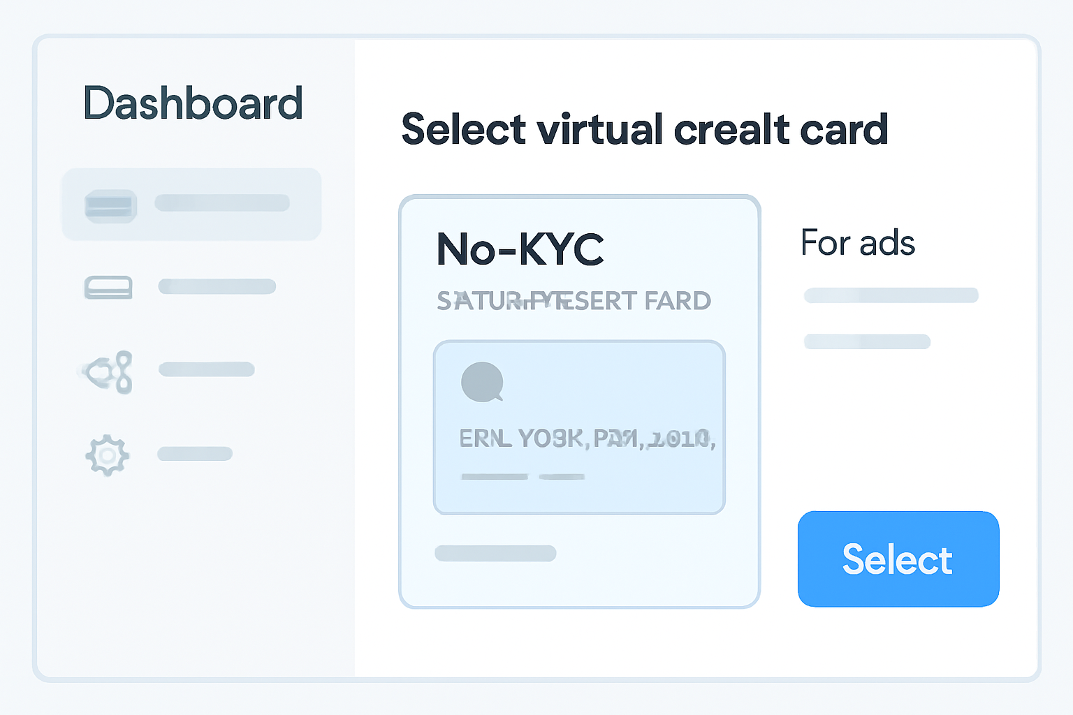 clean website dashboard selecting no-KYC virtual credit card for ads