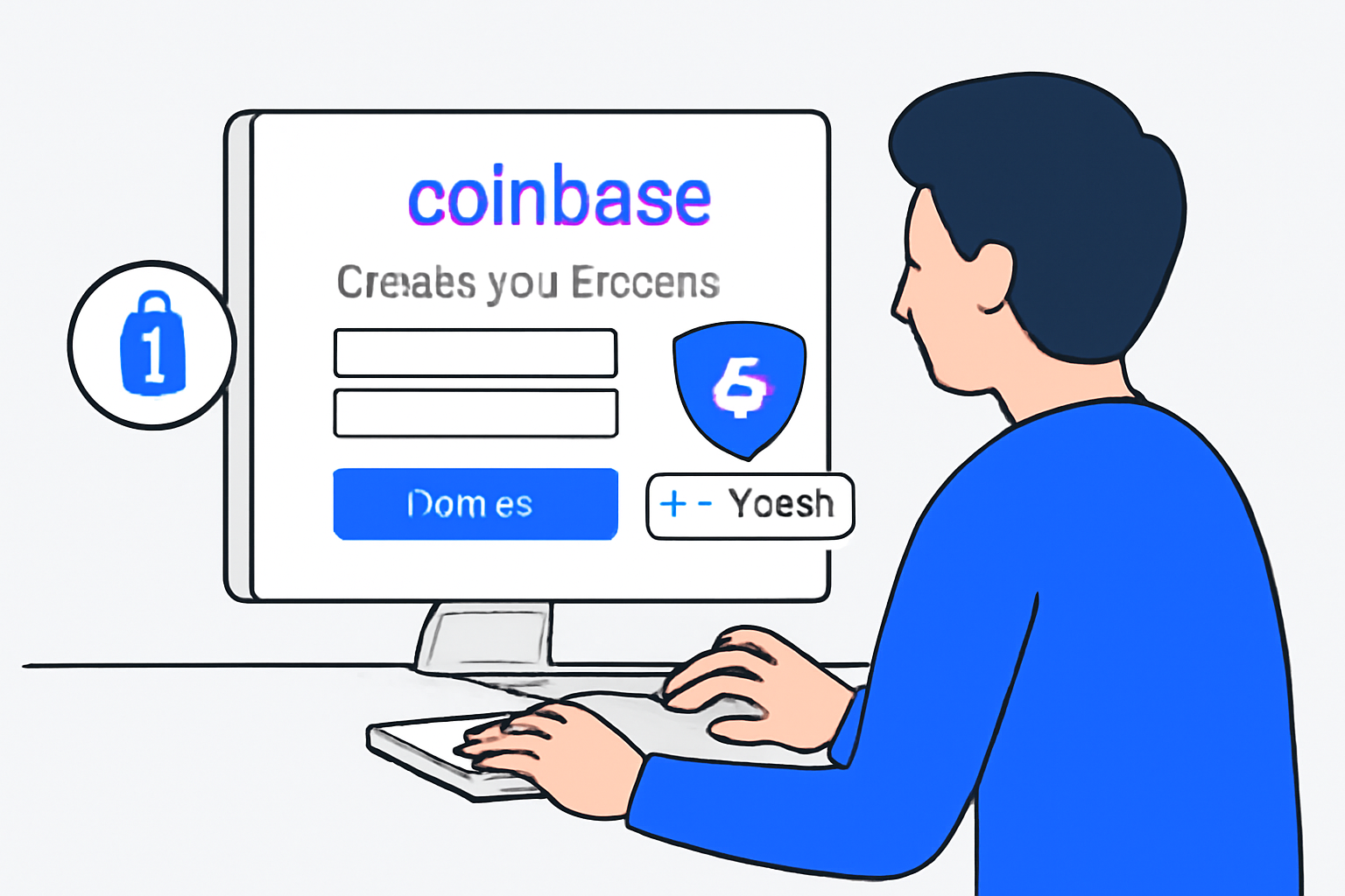A person creating an account on Coinbase website, with a focus on security and two-factor authentication, digital style