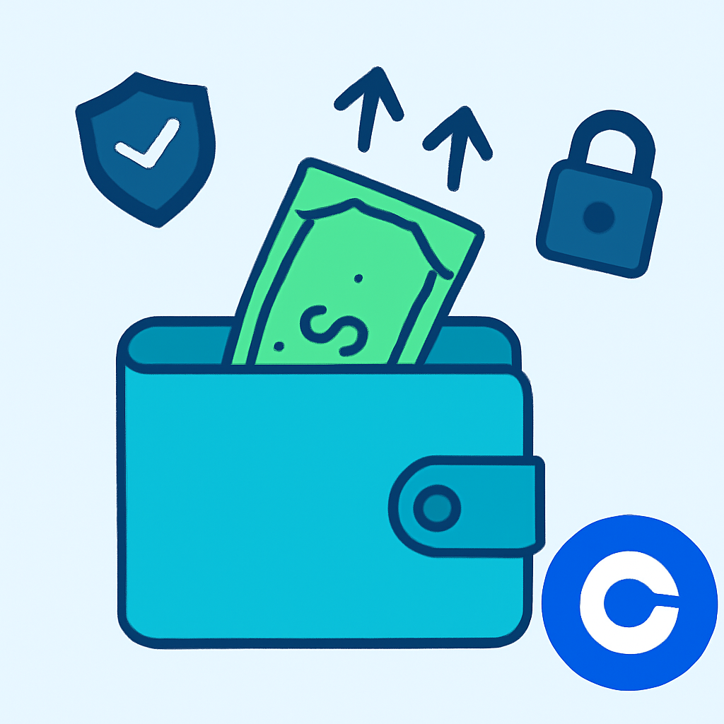 A digital wallet receiving funds, with security icons and a Coinbase logo, clean and modern