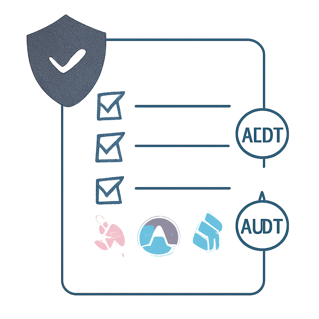 A checklist with a shield icon, DeFi app logos, and audit stamps, reassuring style