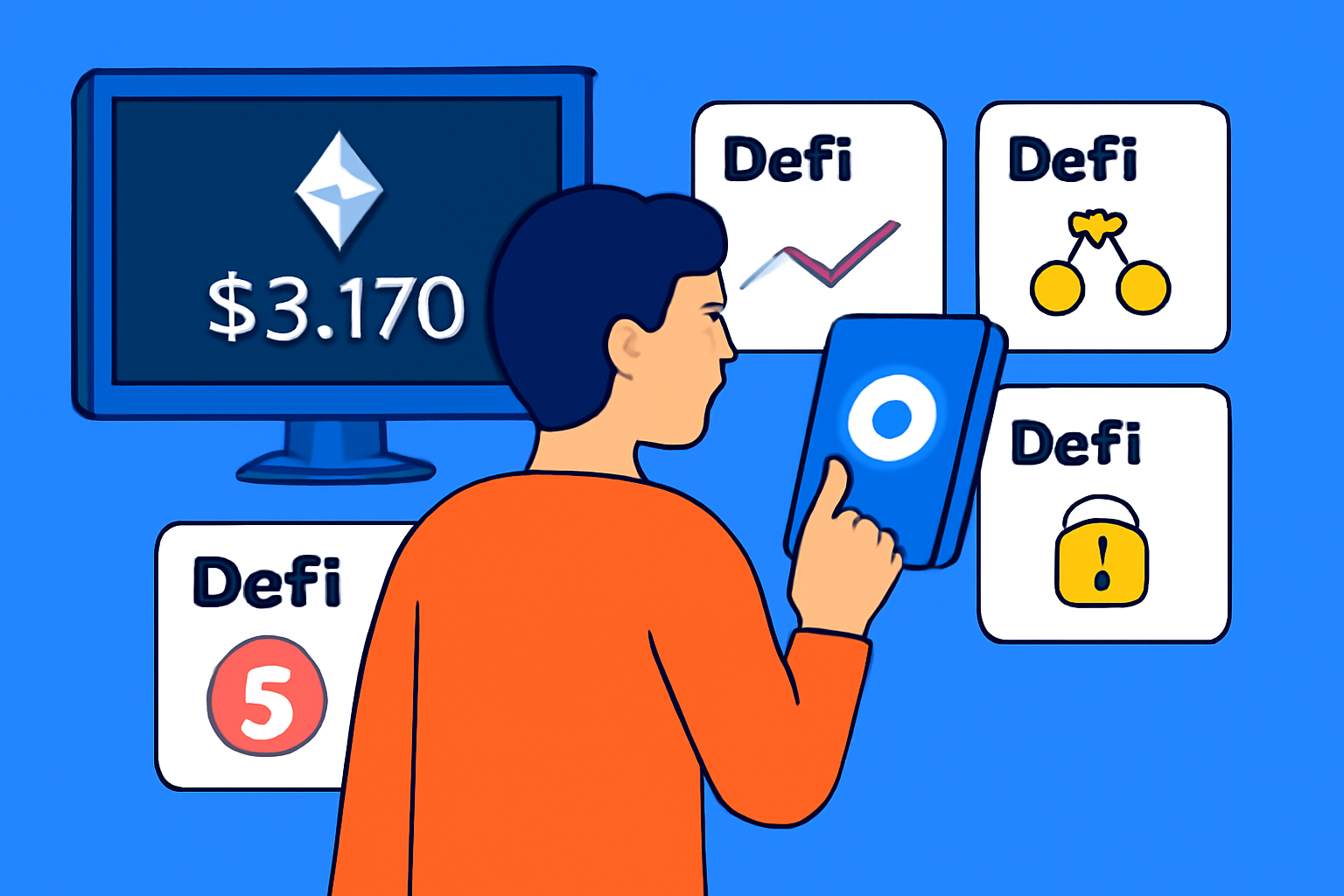 A person exploring various DeFi apps on the Base network, with ETH price displayed on a screen, modern and vibrant