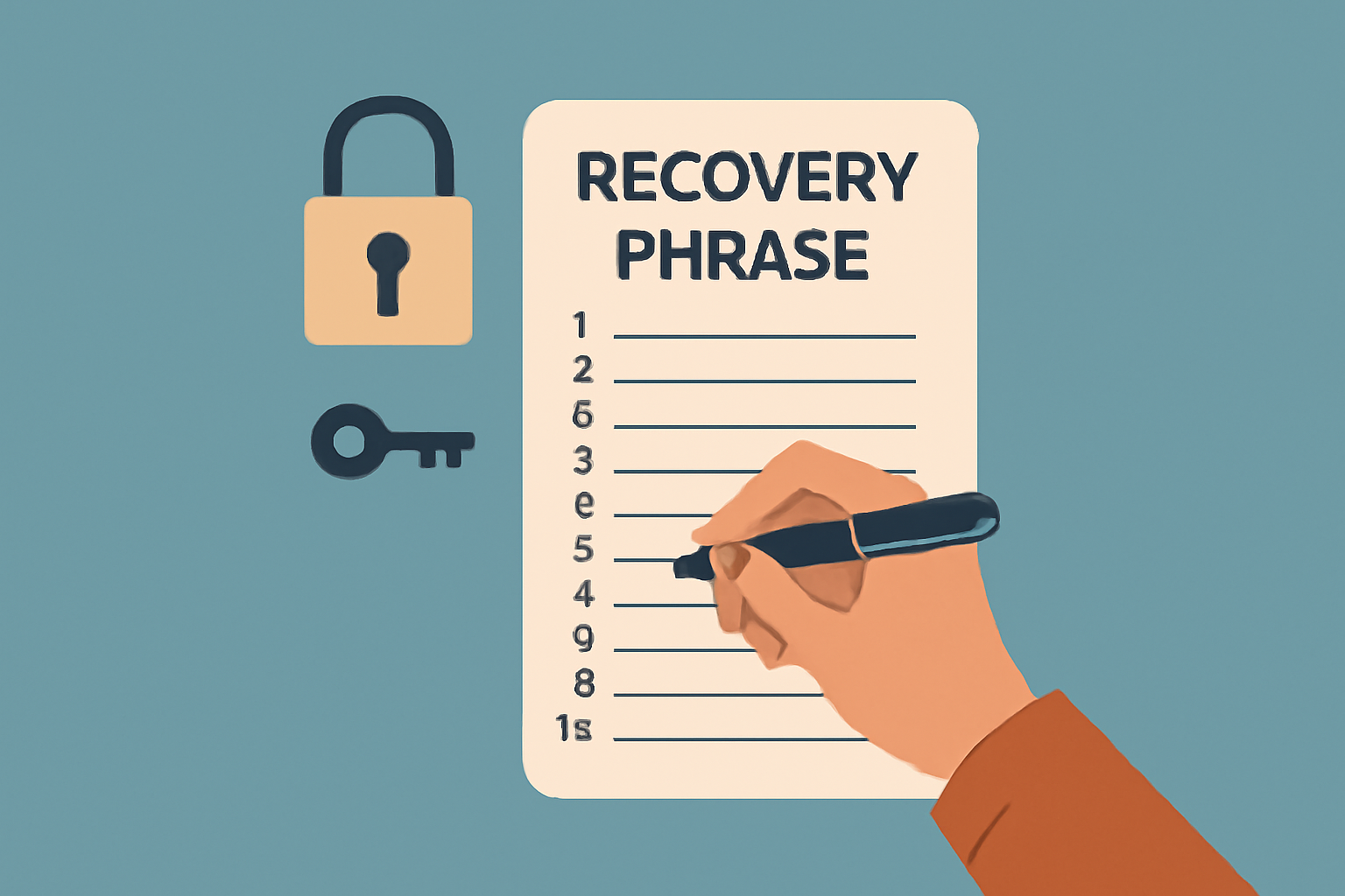 A hand writing down a recovery phrase on paper, with a lock and key symbol, secure atmosphere