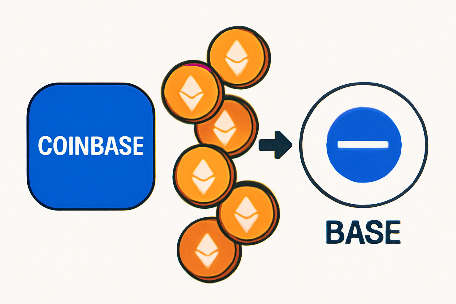A flow of digital coins moving from Coinbase to Base network, with Ethereum and Base logos