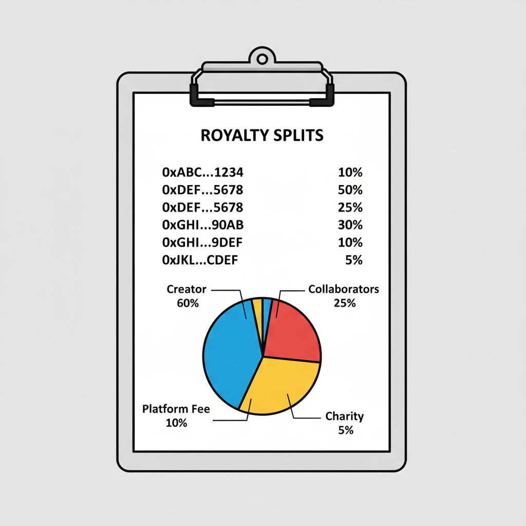 clipboard with wallet addresses and pie chart of royalty splits, clean diagram, professional style