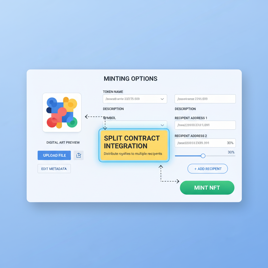 NFT minting dashboard with split contract integration highlighted, digital art preview