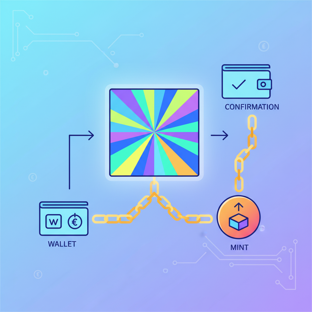 vibrant NFT artwork being minted, glowing chain links connecting to wallet icons