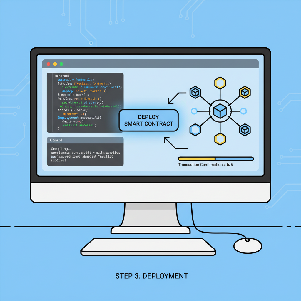 smart contract deployment interface on computer screen, code snippets, blockchain network visualization
