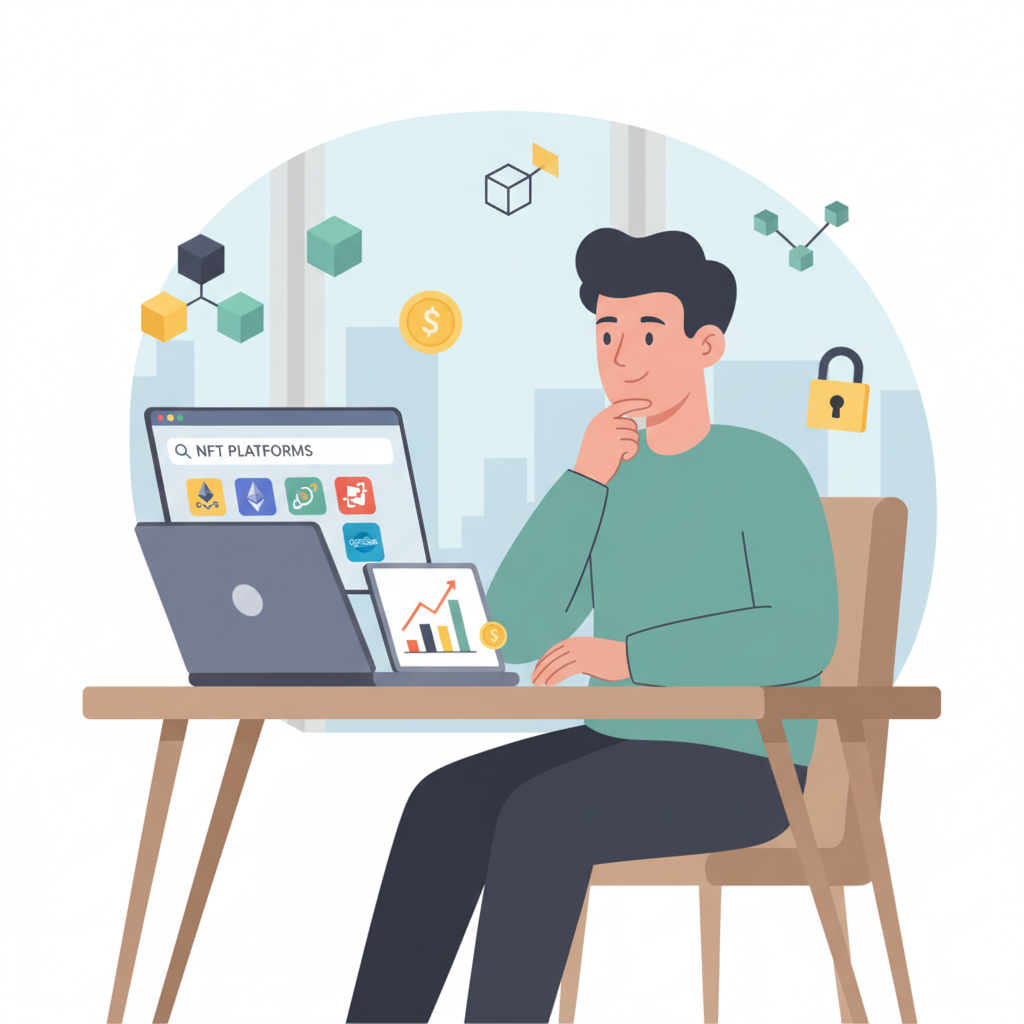 creator at desk researching NFT platforms on laptop, thoughtful expression, modern office, blockchain icons