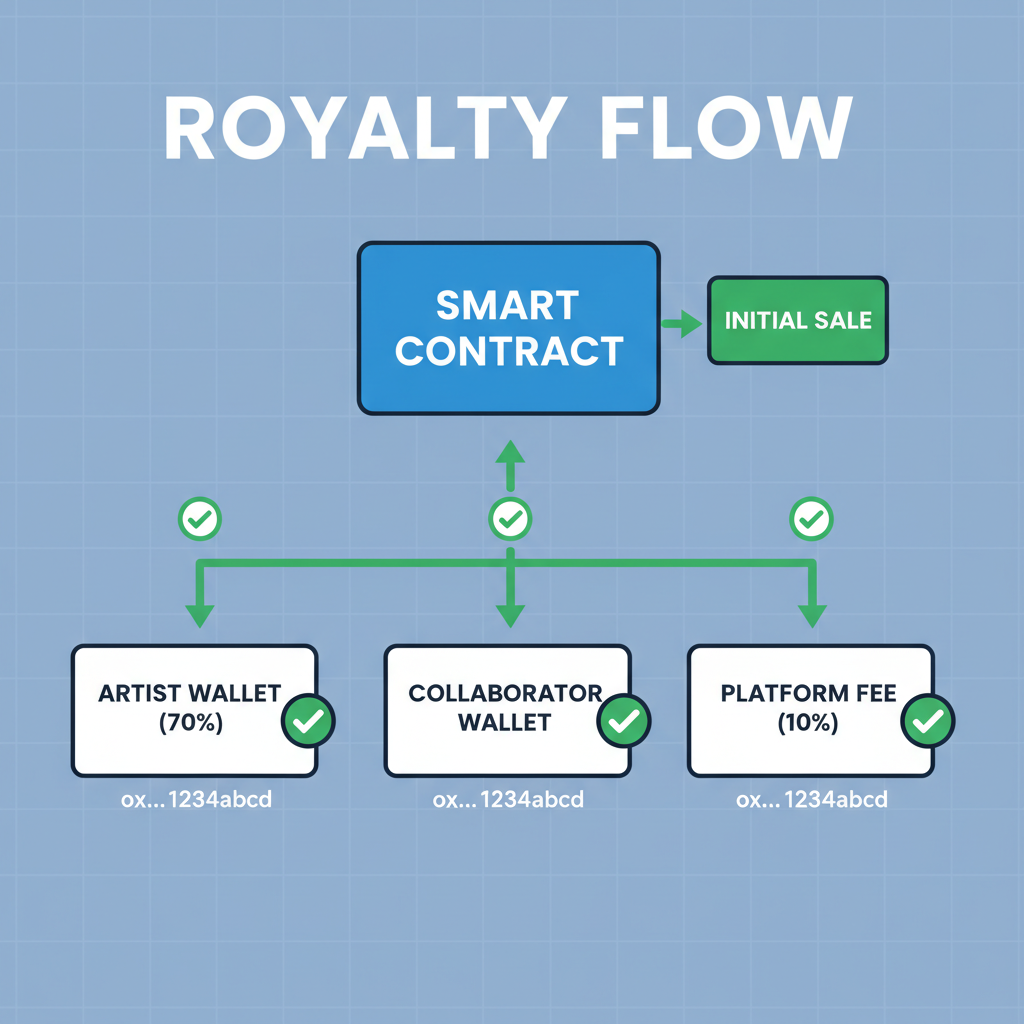 blockchain explorer screen showing royalty flow to multiple wallets, green checkmarks