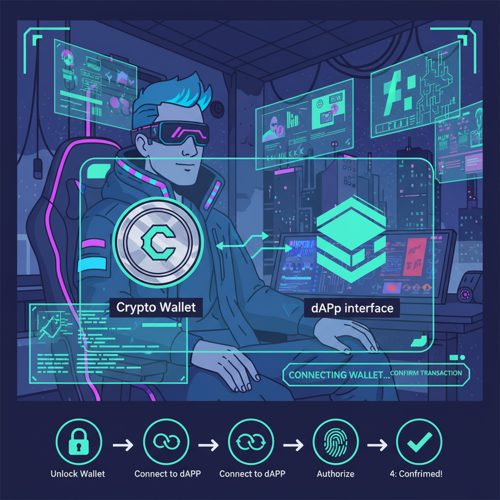 cyberpunk streamer connecting crypto wallet to dApp interface, neon lights, tactical HUD