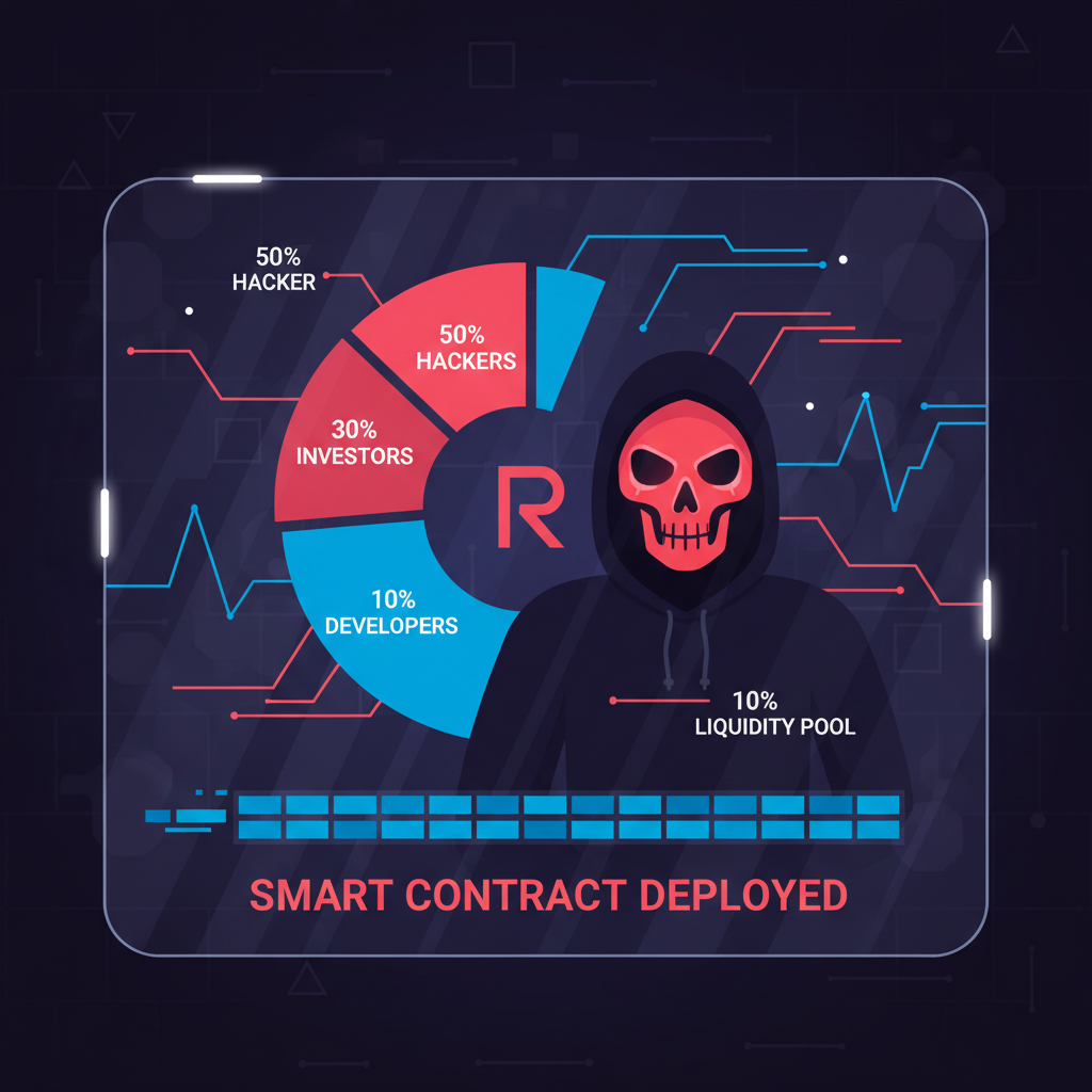 hacker defining revenue split pie chart on blockchain dashboard, aggressive red-blue neon