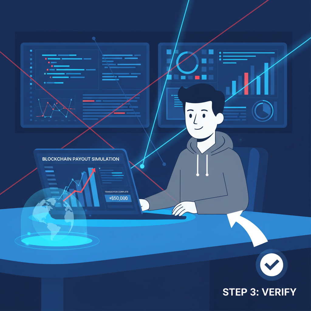 testing blockchain payout simulation on laptop, graphs spiking, war room vibe