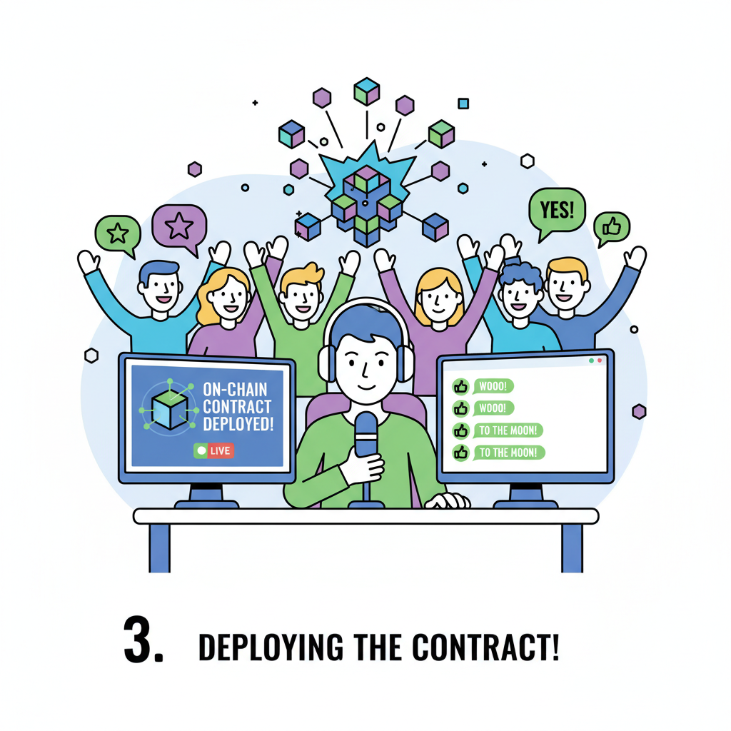streamer going live with on-chain contract deployed, crowd cheering blockchain explosion