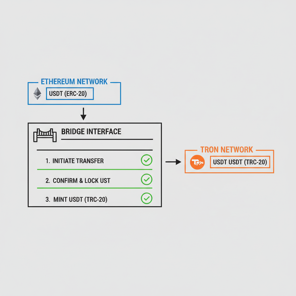 bridge interface transferring USDT from Ethereum to TRON network, simple flowchart graphic, green success indicators