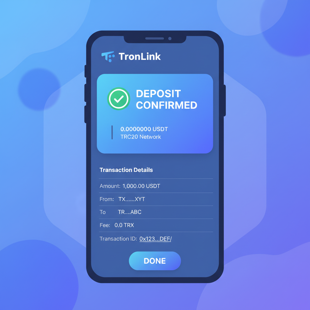 clean TronLink wallet interface showing USDT deposit confirmation, modern UI, blue tones