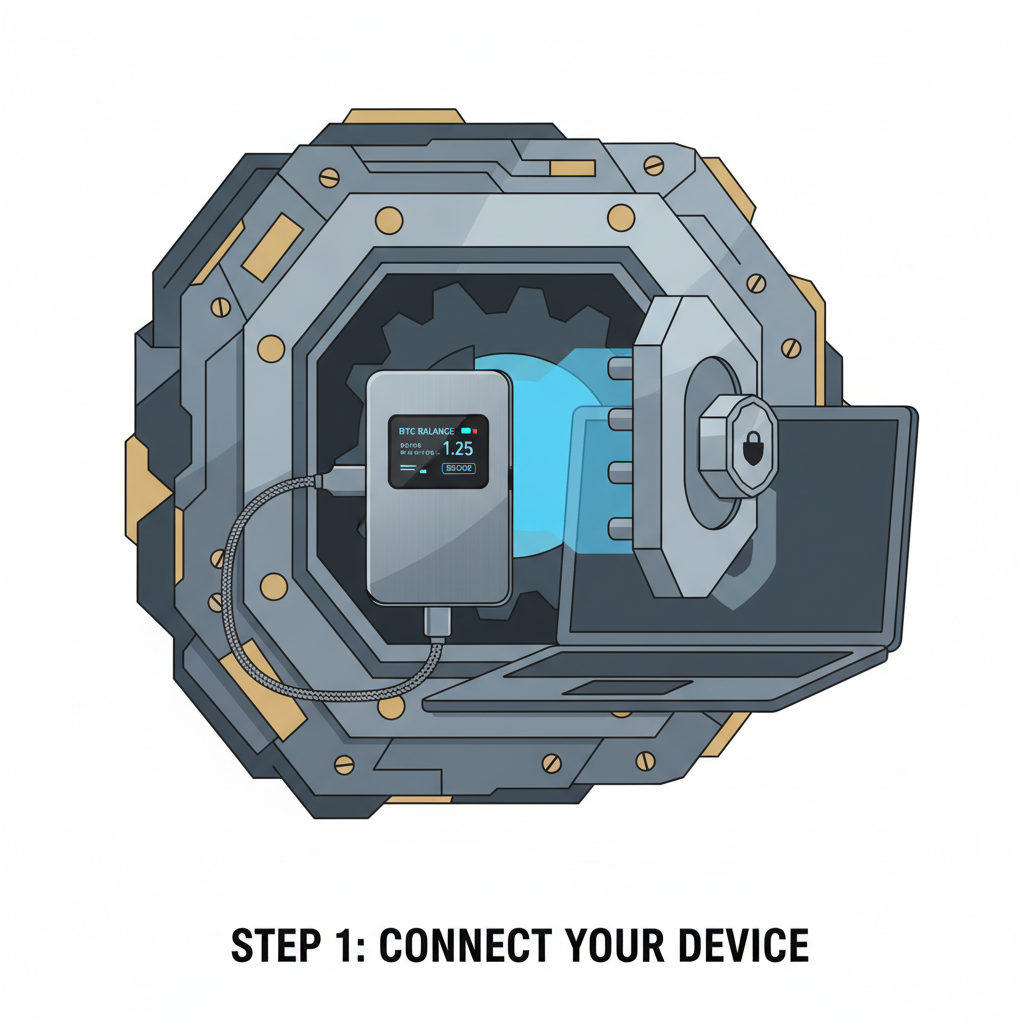 Ledger hardware wallet connected to computer, BTC balance display secure, safe vault aesthetic, metallic tones