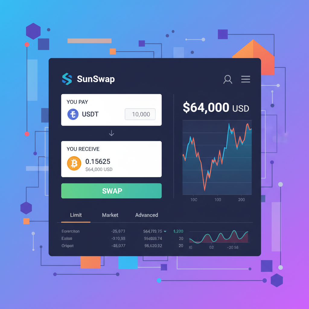 SunSwap DEX swap screen USDT to BTC, active trade interface, charts showing BTC at $64k, vibrant crypto theme