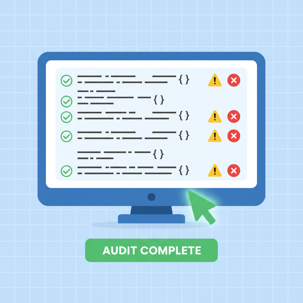 smart contract code audit on screen with checkmarks and warnings