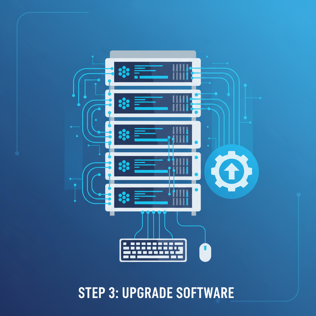 blockchain node server rack upgrading software, glowing blue circuits
