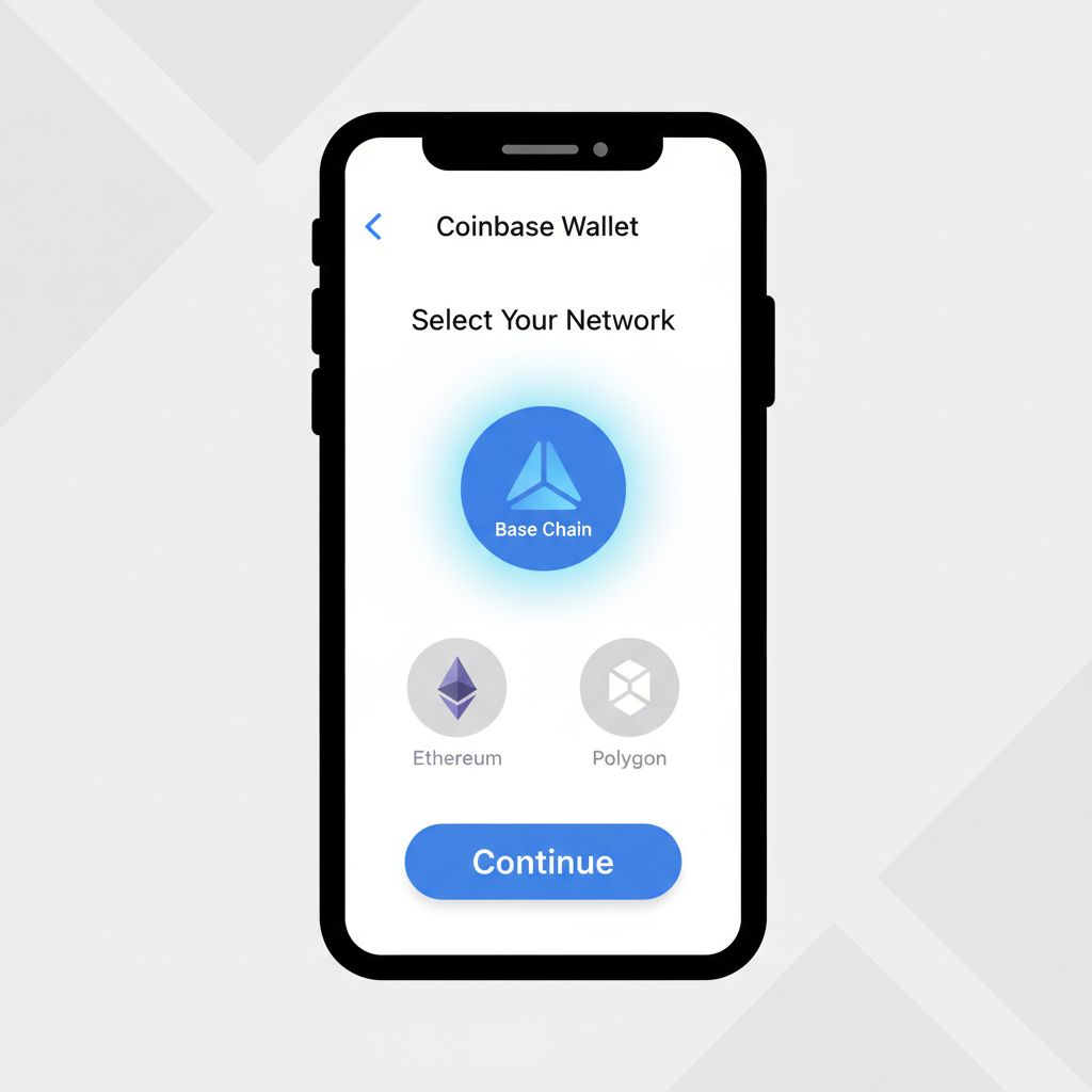 cartoon iphone showing coinbase wallet app setup with base chain icon glowing