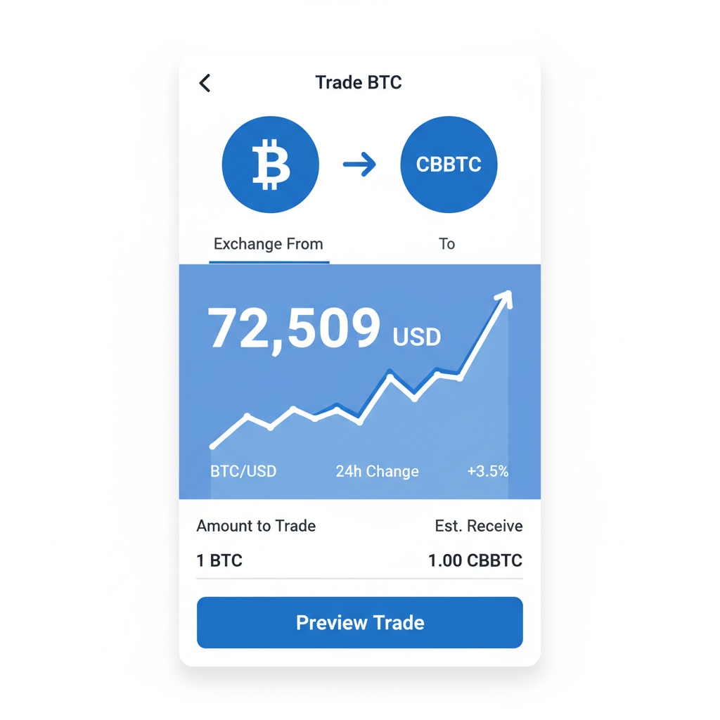 screenshot style coinbase app trading btc to cbbtc with price chart at 72509 usd