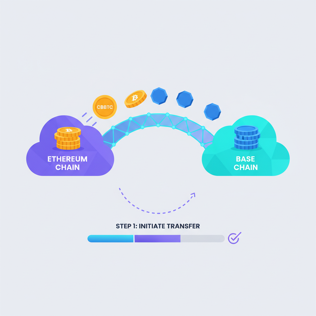 animated bridge graphic transferring cbbtc tokens from ethereum to base chain