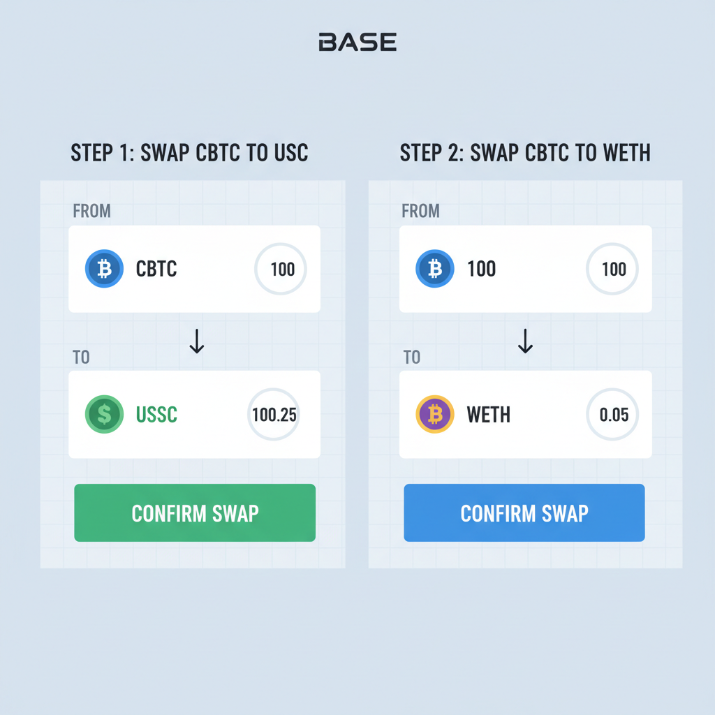 split screen swapping cbbtc to usdc and weth on base dex interface