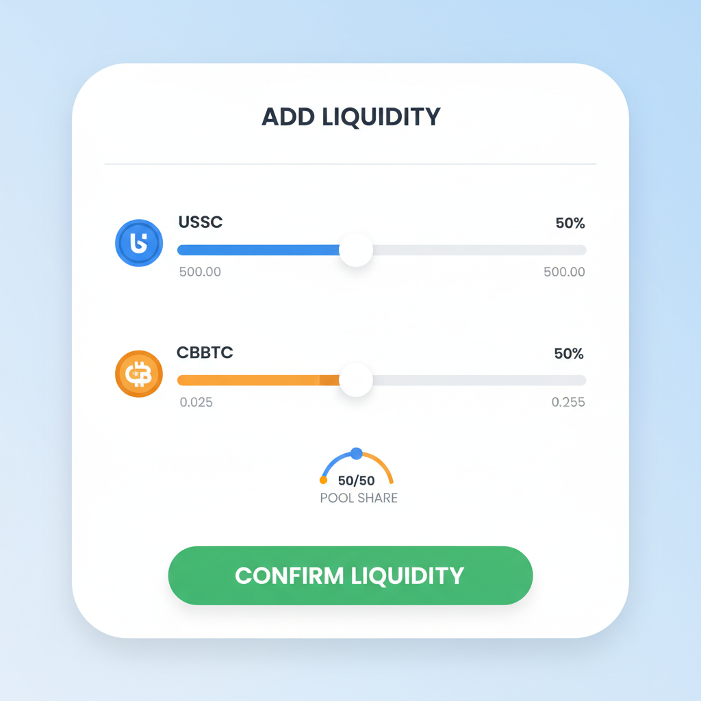 add liquidity interface with usdc and cbbtc sliders balanced 50 50