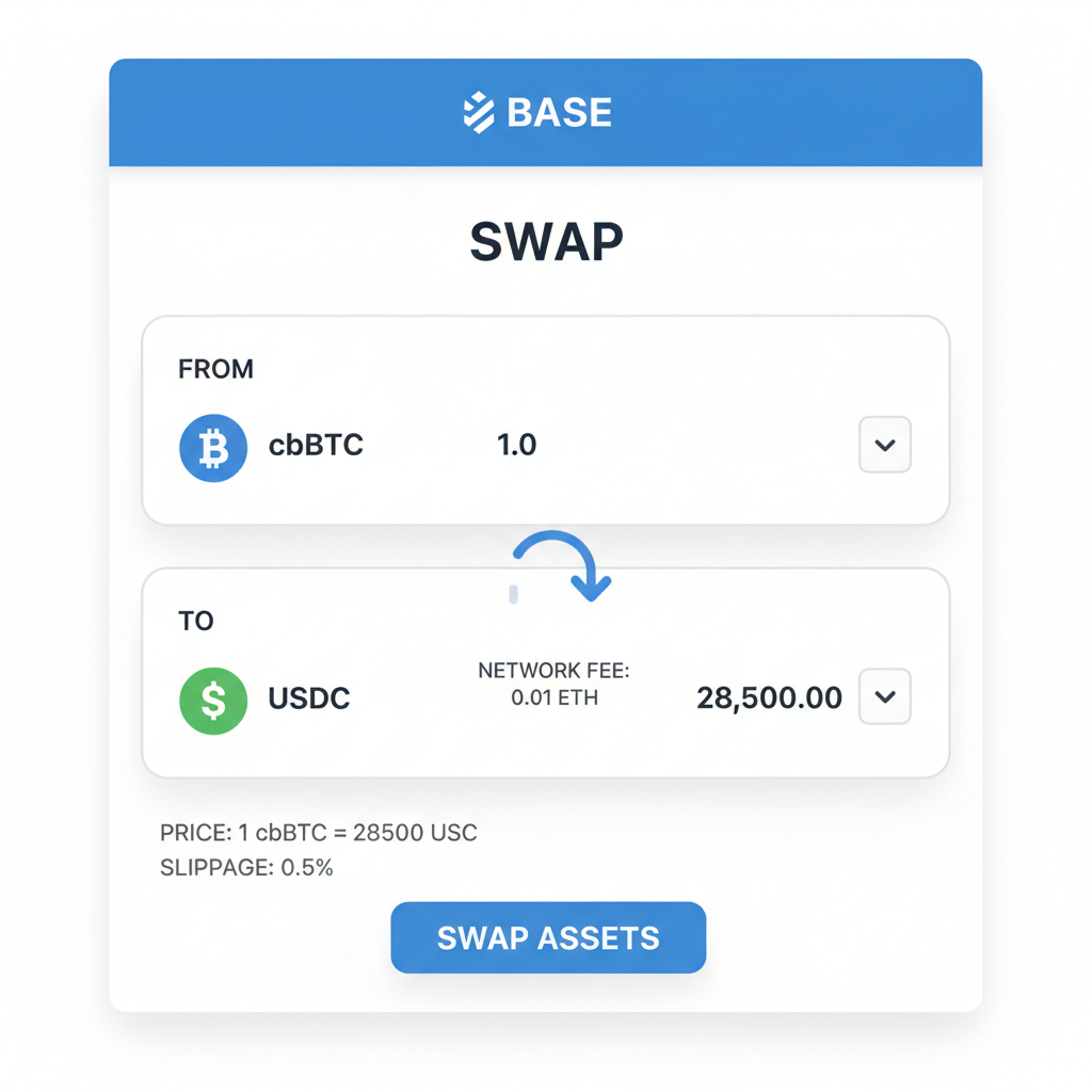 DEX swap screen on Base showing cbBTC and USDC trade