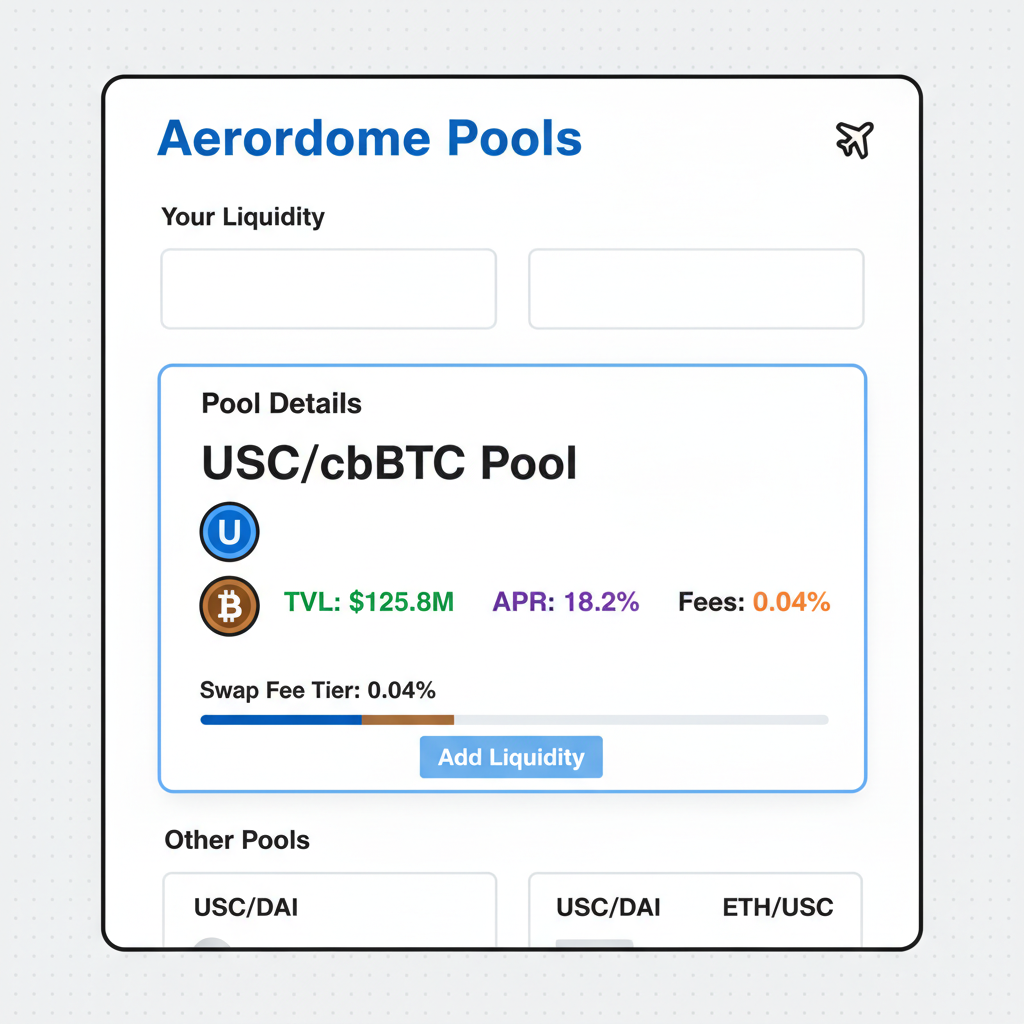 Aerodrome pools page highlighting USDC/cbBTC pool stats
