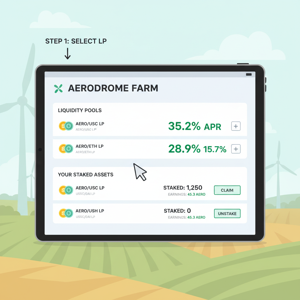 Aerodrome farm staking screen with LP tokens and APR display
