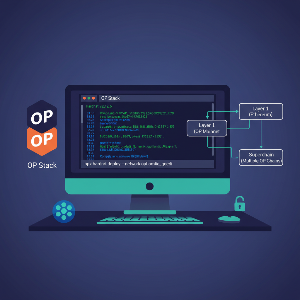 developer workstation with Hardhat terminal, OP Stack logos, Superchain diagrams, dark mode