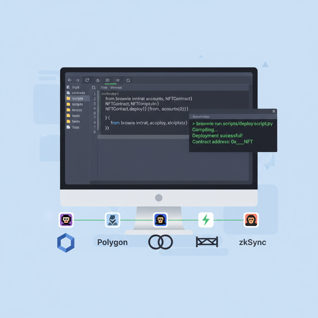 smart contract deployment script in VS Code, NFT icons on Ethereum L2 chains, green success terminal