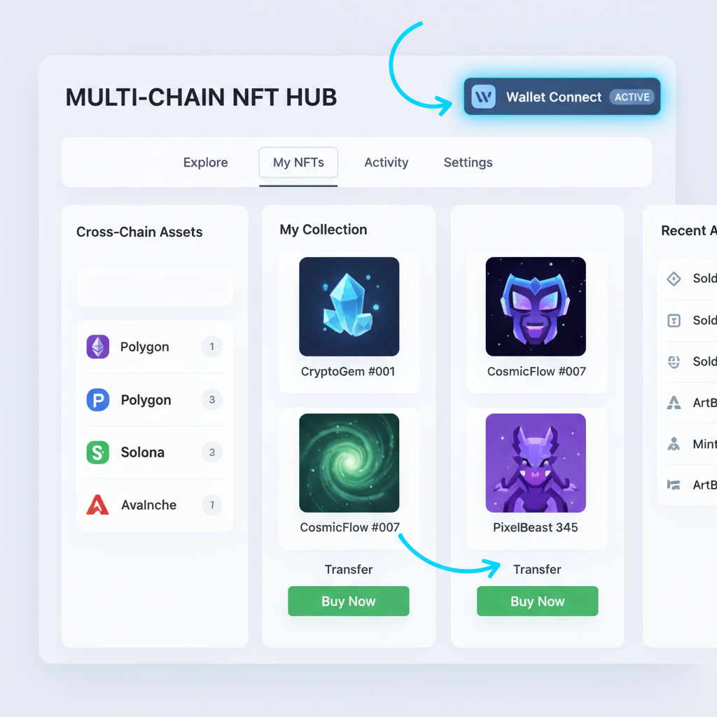modern web app dashboard showing NFTs across chains, wallet connect, buy buttons active