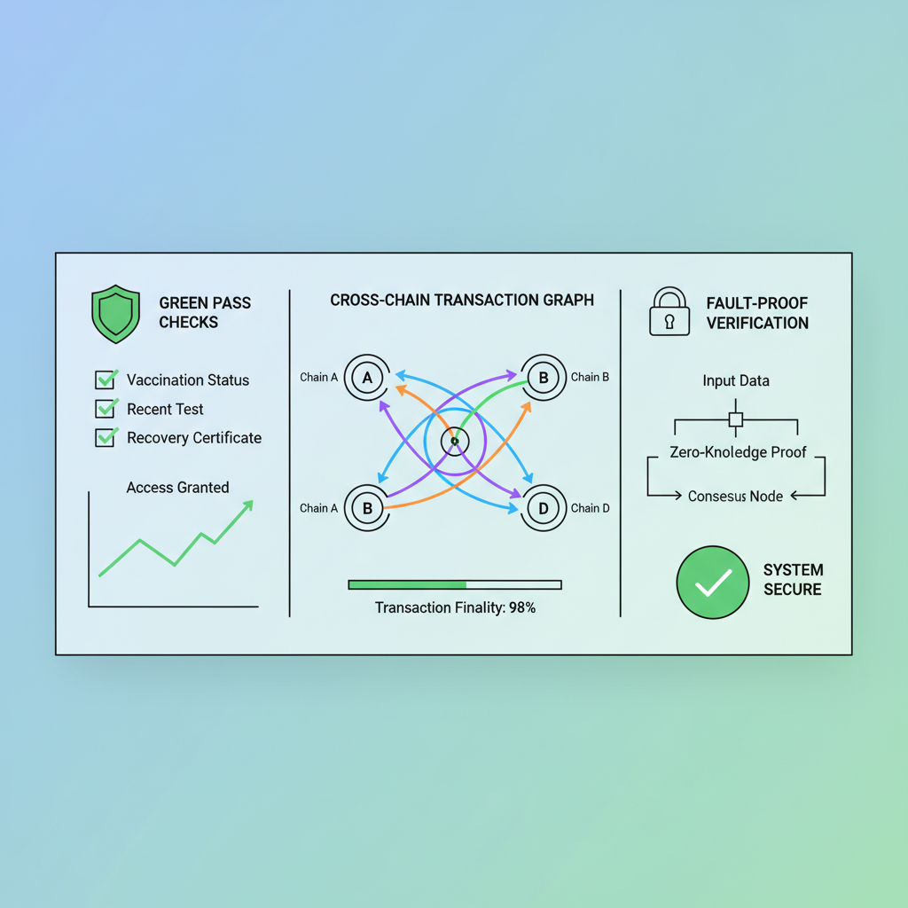 testing dashboard with green pass checks, cross-chain transaction graphs, fault-proof verification