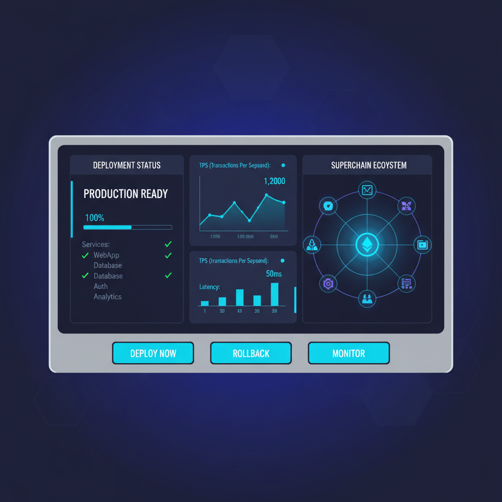 production deployment console, live metrics dashboard, Superchain ecosystem map glowing
