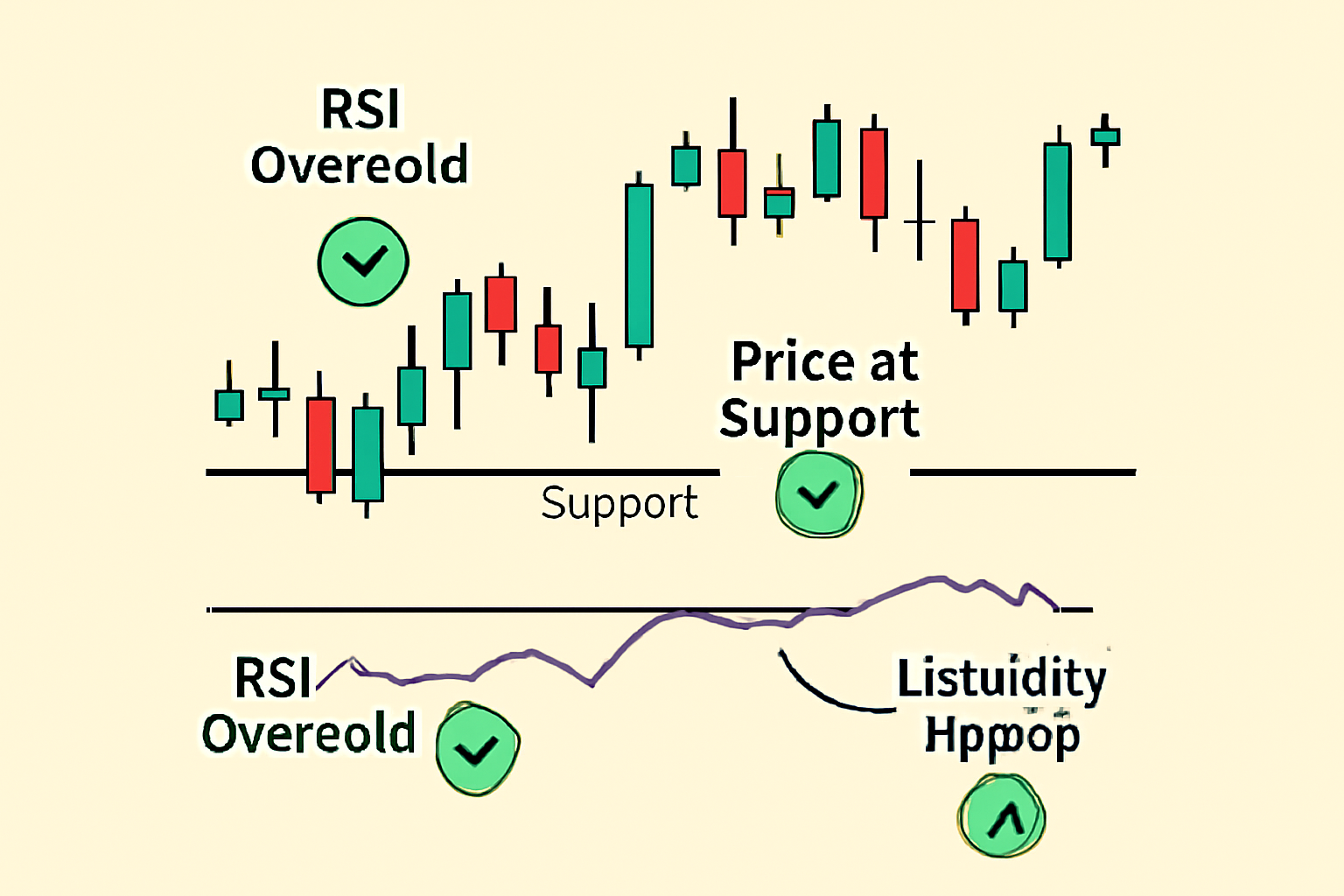 A composite chart highlighting RSI oversold, price at support, and a liquidity sweep event all at the same point, with checkmarks indicating confirmation.