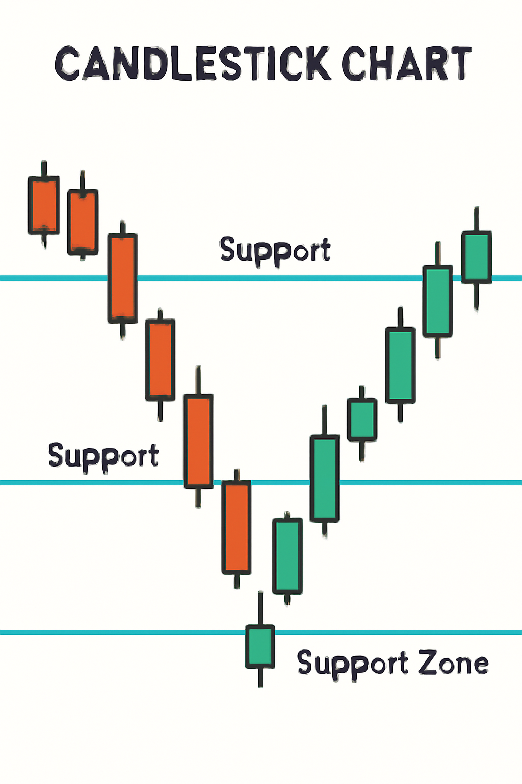 A candlestick chart with horizontal lines marking major support levels, showing price bouncing off a key support zone.