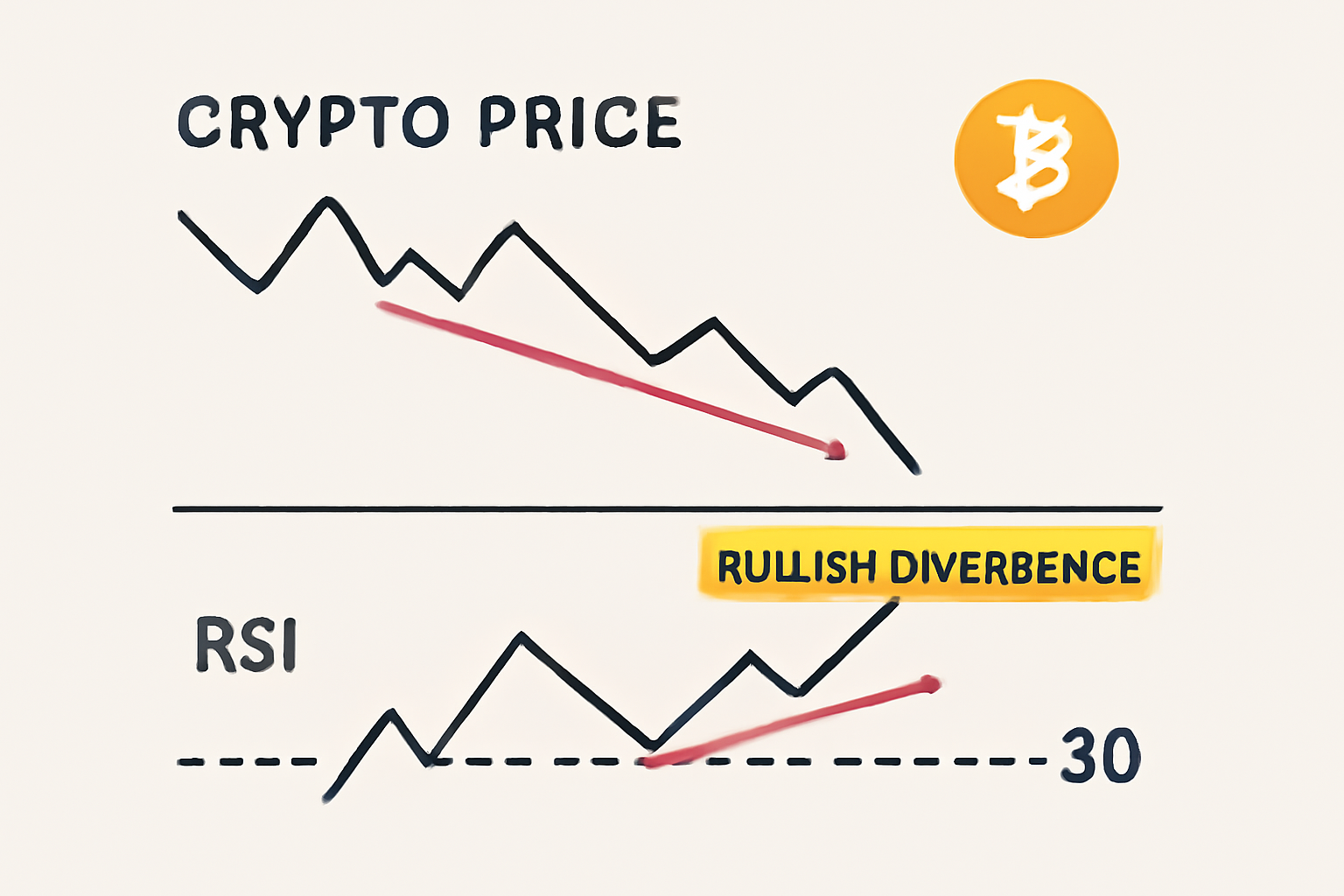A crypto price chart with RSI indicator below 30 and a highlighted bullish divergence, showing price making lower lows while RSI makes higher lows.