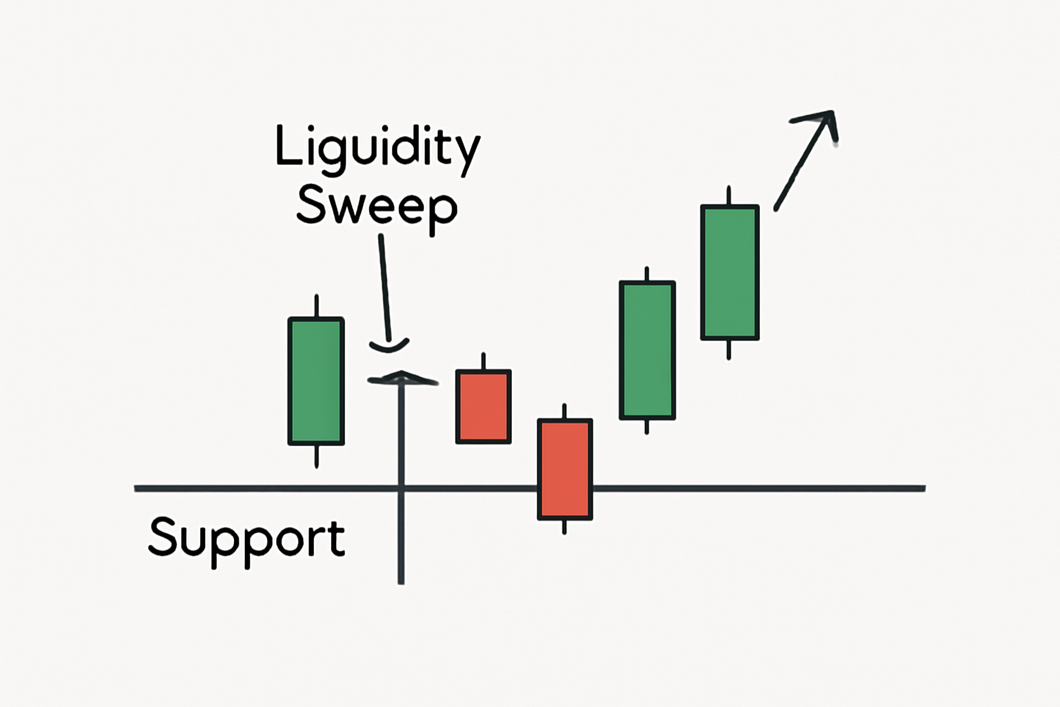 A chart showing a sharp downward wick below a support level followed by a rapid upward move, illustrating a liquidity sweep event.