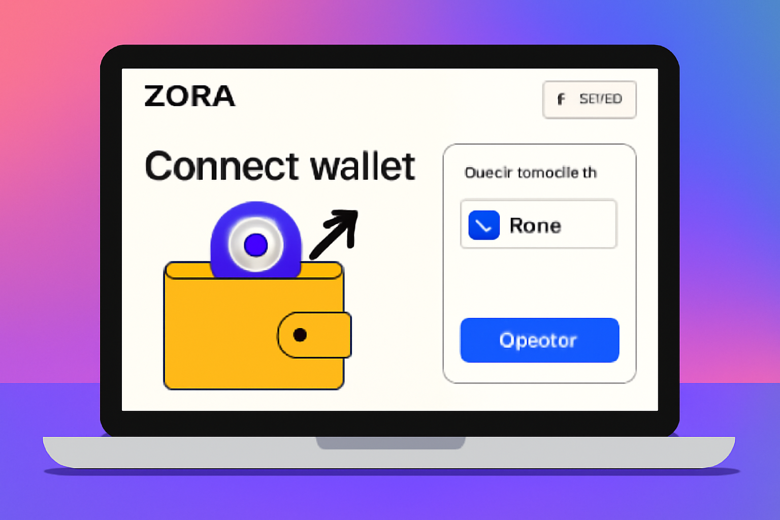 A laptop screen displaying the Zora website with a user connecting their wallet to the Base network, vibrant colors, crypto interface, modern UI