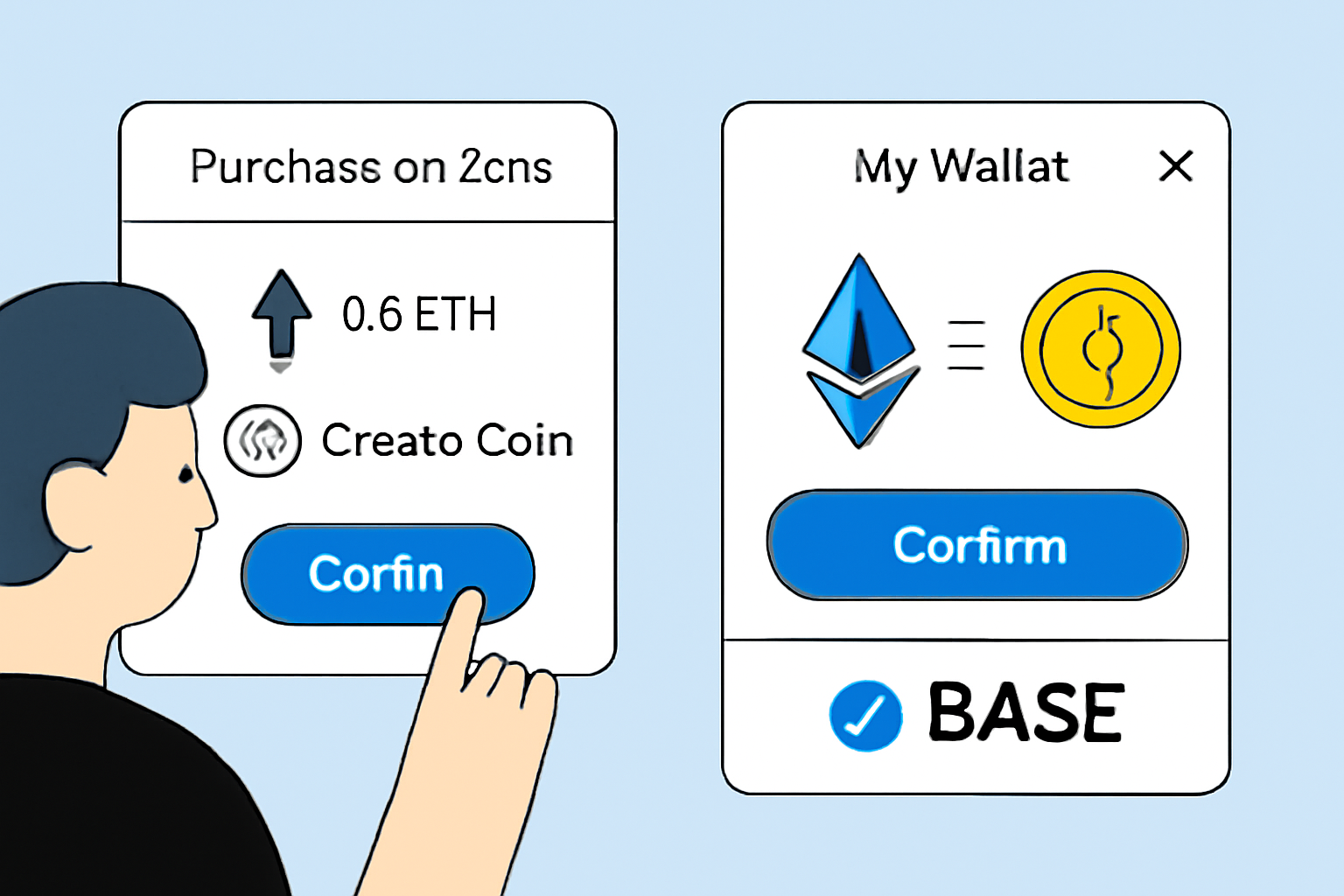 A user confirming a crypto purchase on Zora, wallet pop-up, ETH and Creator Coin icons, fast transaction animation, Base logo