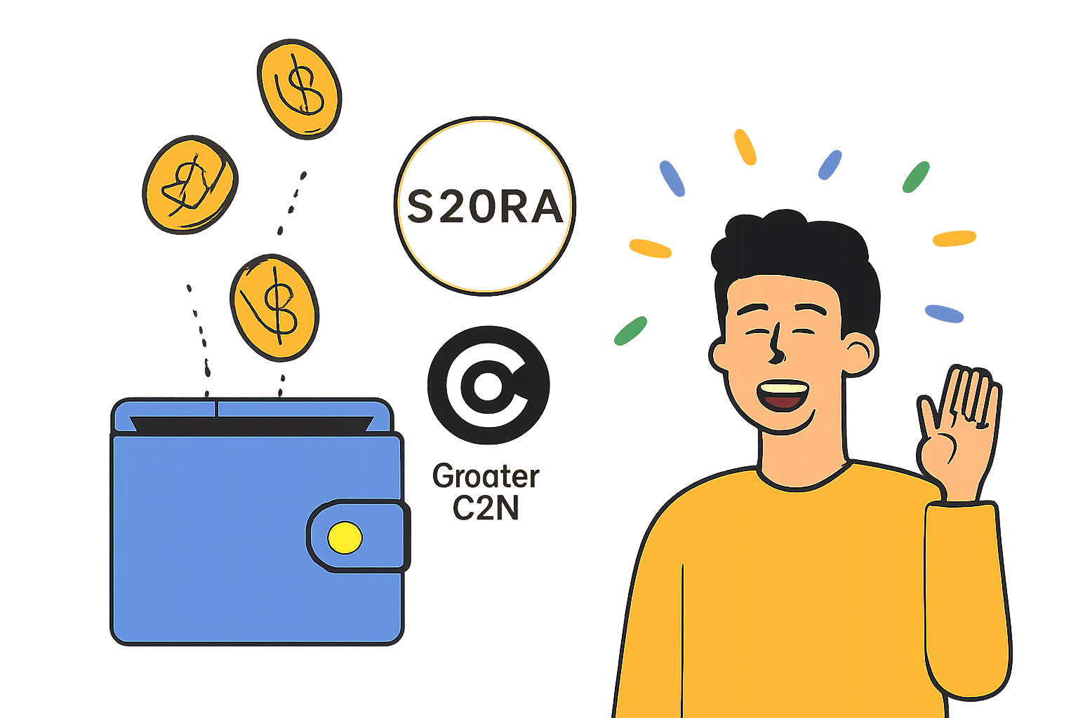 A wallet receiving rewards, coins raining down, $ZORA and Creator Coin logos, happy user, digital confetti