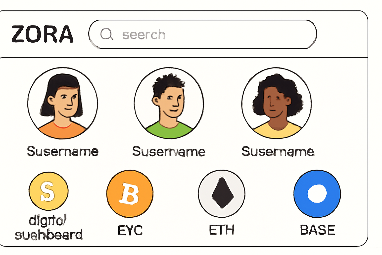 A search bar on the Zora platform with various creator profiles and coin tickers like $username, digital dashboard, crypto coins, Base network logo