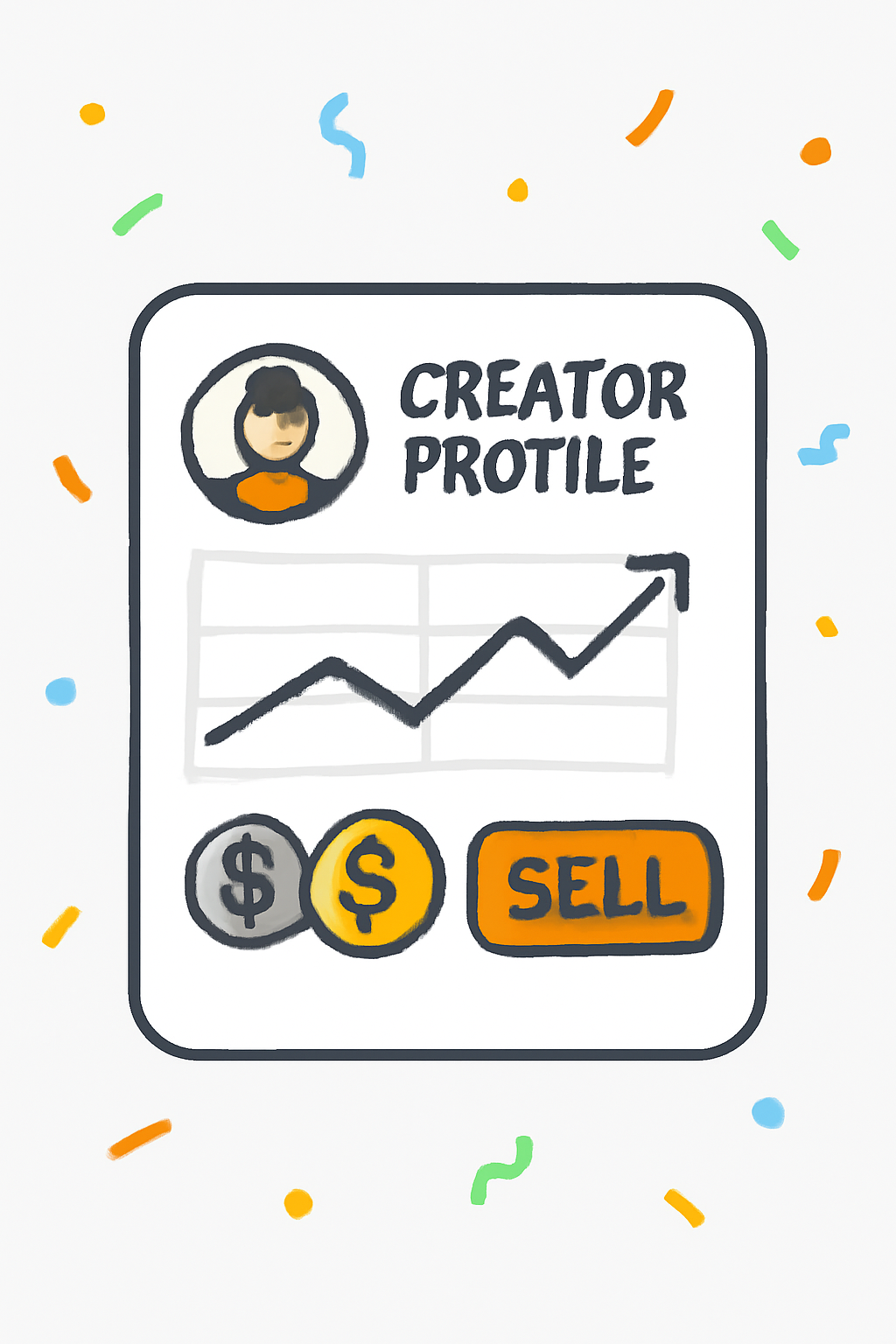 A creator profile page with a 'Sell' button highlighted, coin chart trending upward, ETH and coin icons, celebratory confetti