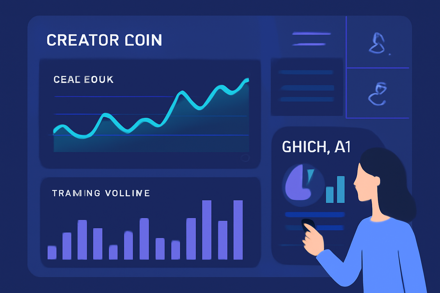 A dashboard showing Creator Coin price charts, trading volume graphs, and analytics tools like GMGN.AI, futuristic UI, data overlays